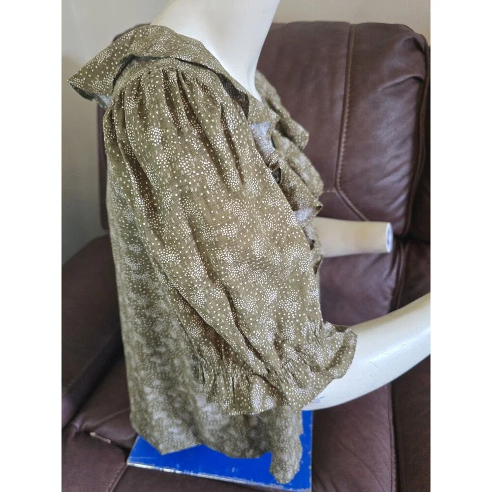 LOFT Outlet Women's L Green Polka Dot V-Neck Ruffle 3/4 Puff Sleeve Blouse